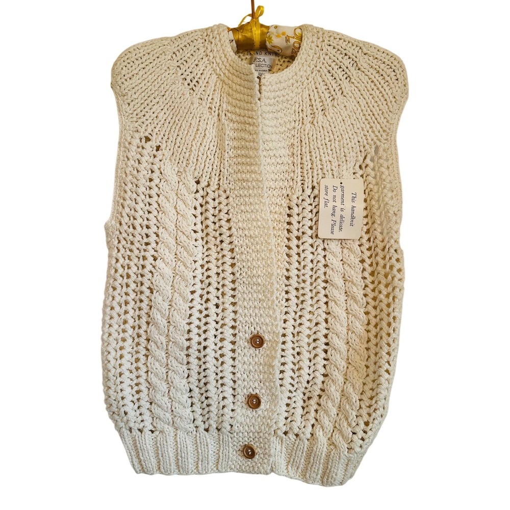 Vintage Deadstock Hand Knit Cream Sweater Cardigan S Wood Buttons Silk Blend New